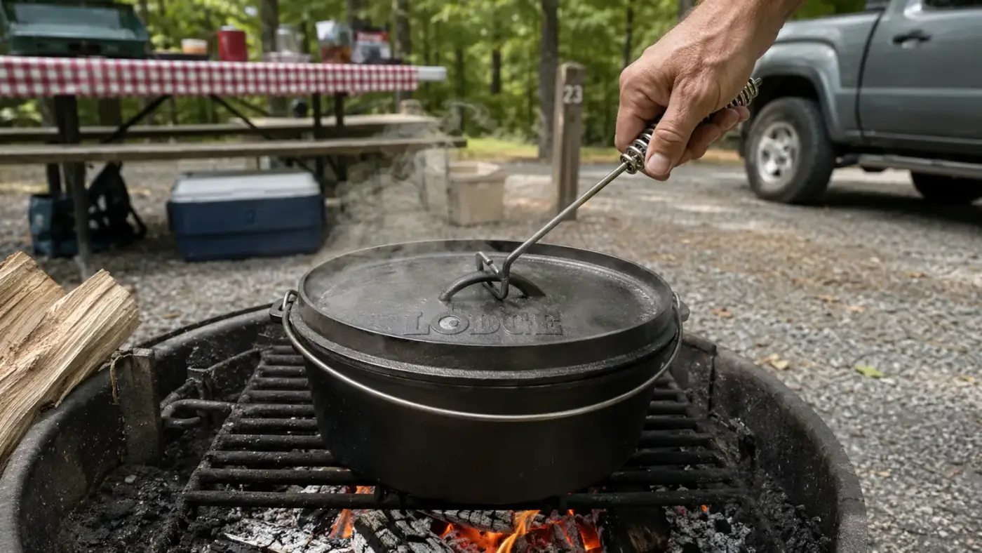 Hand lifting the flanged lid off a cast iron camp dutch oven with a lid lifter at a campsite