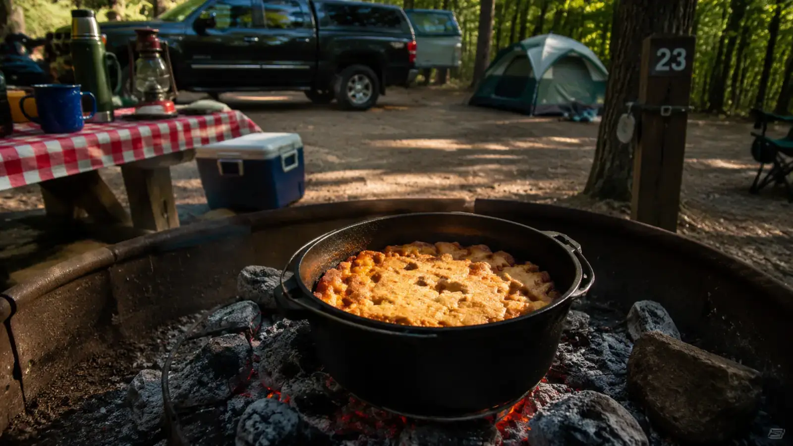 Cobbler baking inside a cast iron dutch oven surrounded by hot coals at a campground