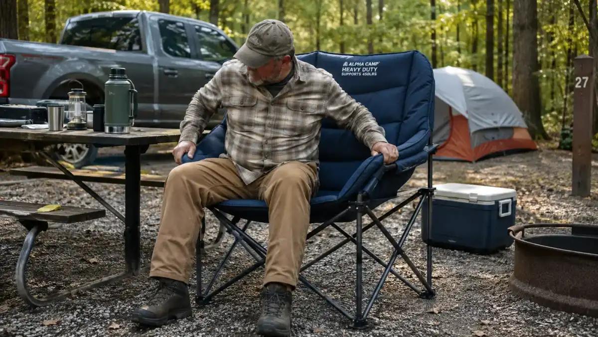 A larger camper settling into the padded ALPHA CAMP heavy duty camping chair beside a picnic table