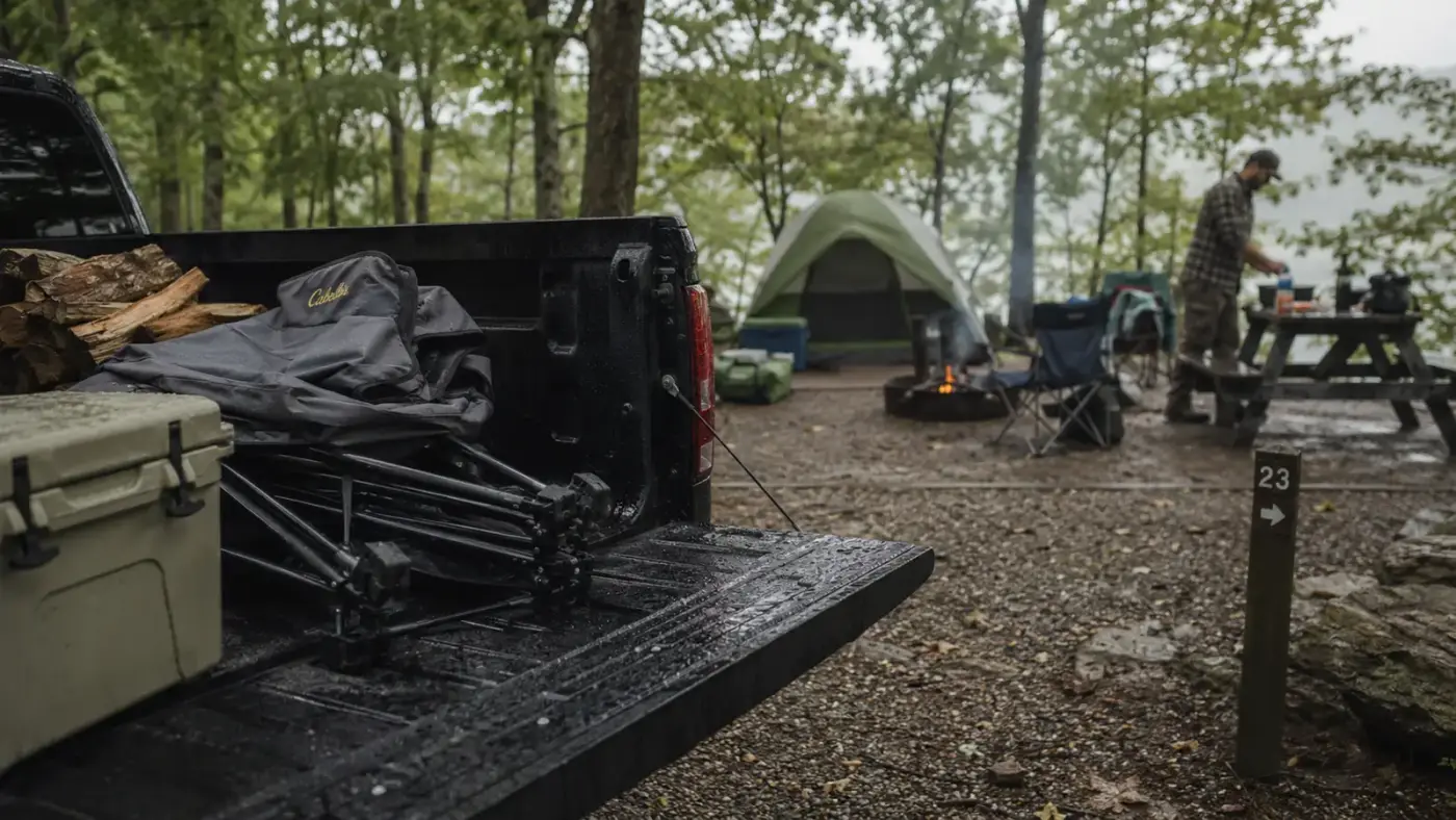 Folded heavy duty camping chair loaded in the bed of a pickup truck on a rainy campground morning