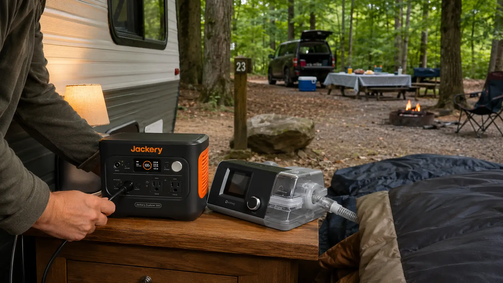 Hand plugging a CPAP machine cord into the Jackery Explorer 300 portable power station inside a travel trailer