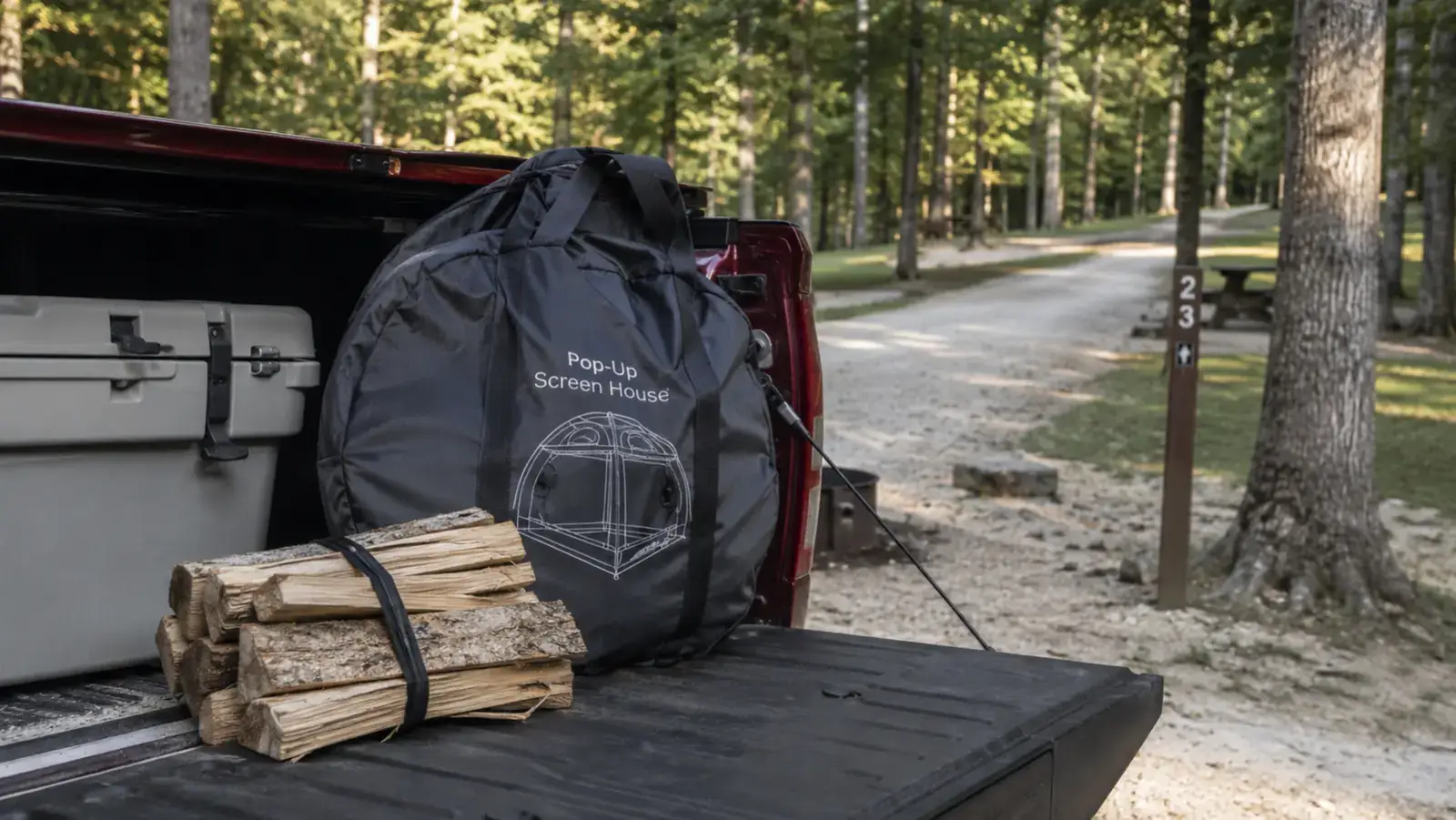 Folded screen house canopy in its carry bag next to a cooler in a pickup truck bed