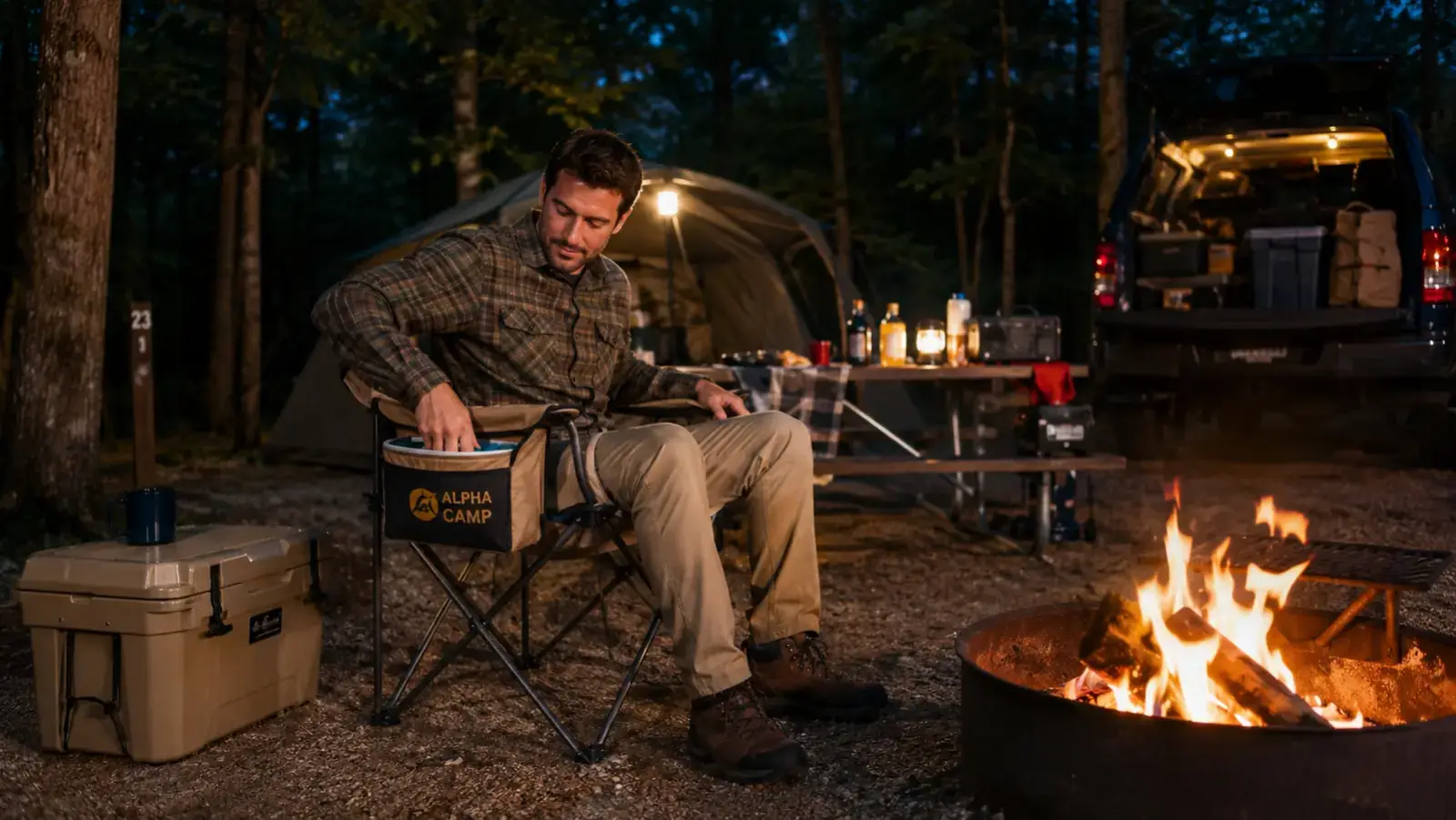 Man in a padded heavy duty camping chair beside a fire ring at night reaching into the attached cooler bag
