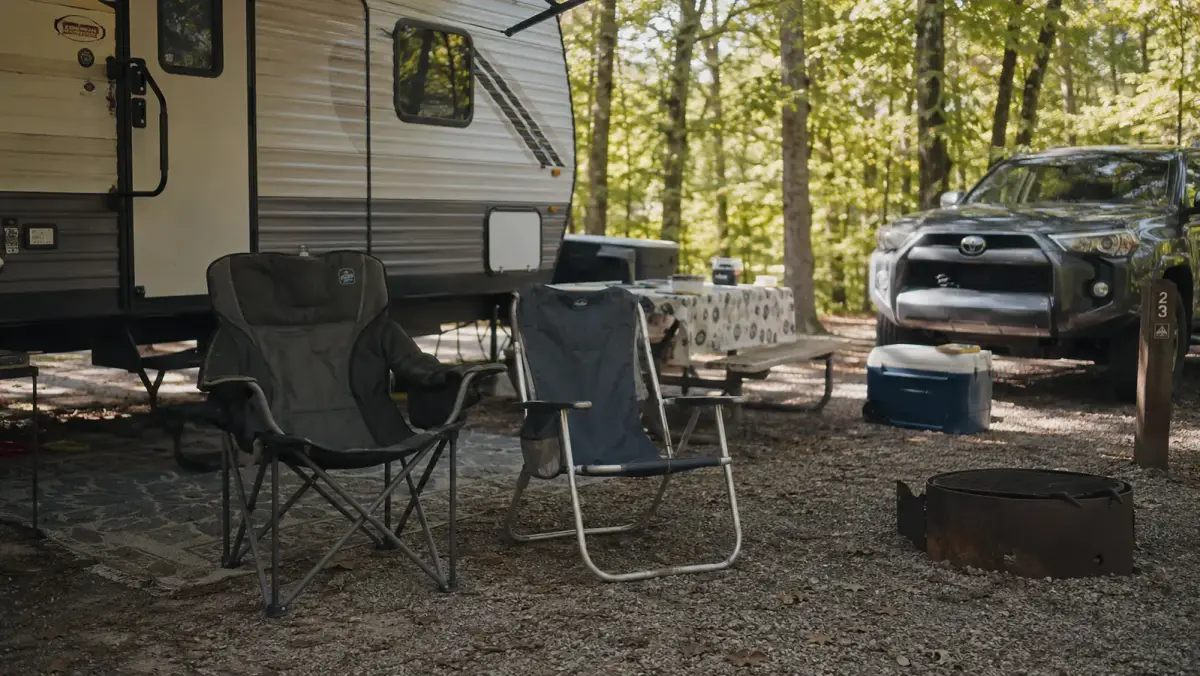 Two camping chairs, one heavy duty and one flimsy folding chair, set side by side outside a travel trailer