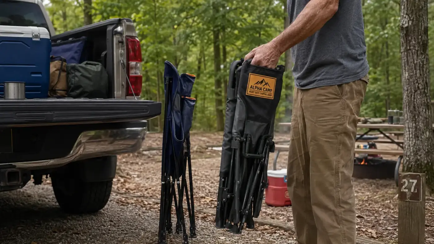 Side view of the ALPHA CAMP camping chair folded, showing its actual bulk compared to a slim folding chair