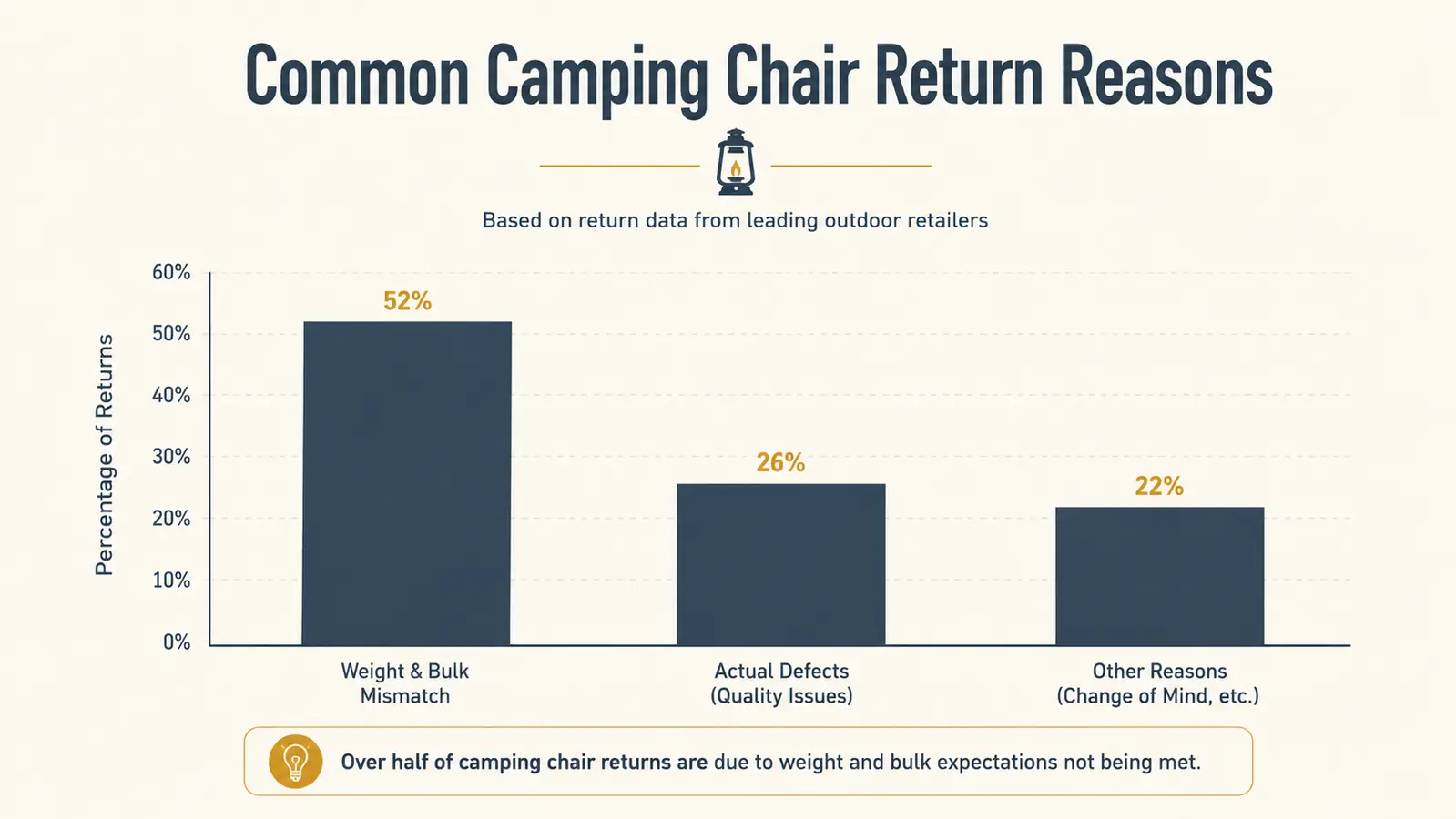 Chart showing the most common reasons camping chairs get returned, with size and weight expectations as the leading cause