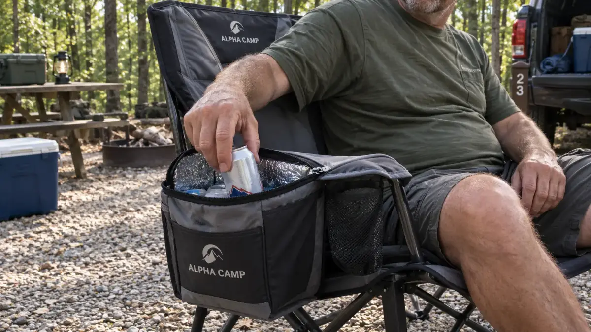 Close-up of a camper reaching into the attached cooler bag armrest of the ALPHA CAMP camping chair