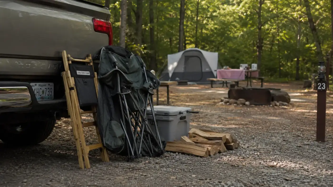 A folded director's chair leaning against a truck bumper next to a packed oversized camping chair