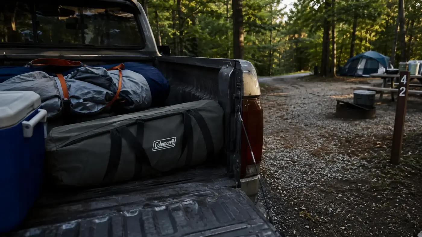 Folded camping cot and carry bag loaded into the bed of a pickup truck beside a cooler