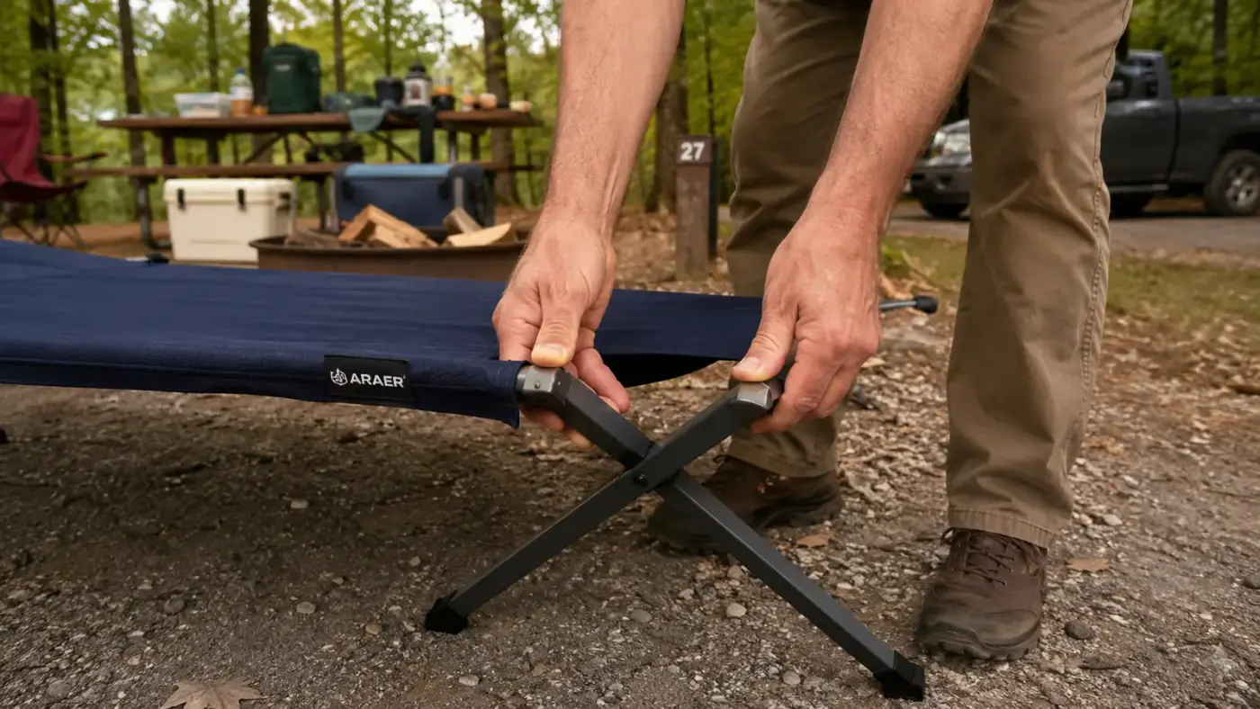 Close-up of a camper's hands locking the steel X-frame legs of the ARAER camping cot into place