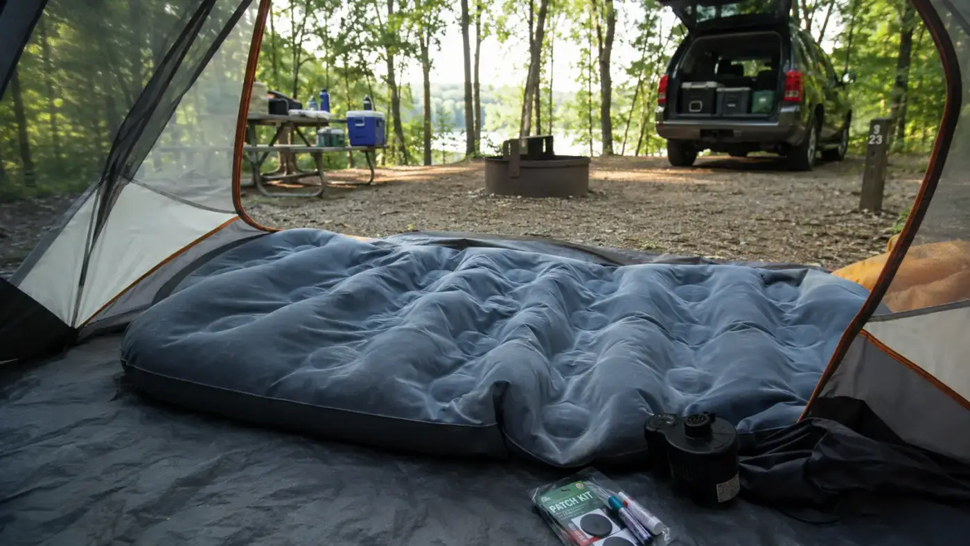 A deflated, punctured air mattress lying in a tent next to a patch kit in early morning light