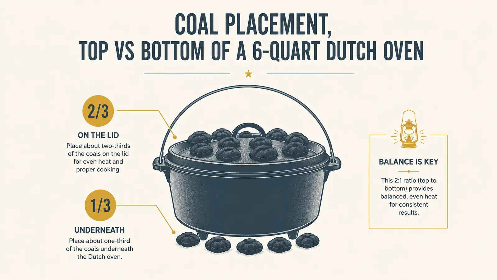 Chart showing coal placement on top versus bottom of a cast iron dutch oven for even baking