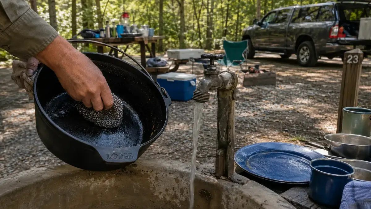 Hand scrubbing the inside of a cast iron dutch oven with a stiff brush at a campground water spigot