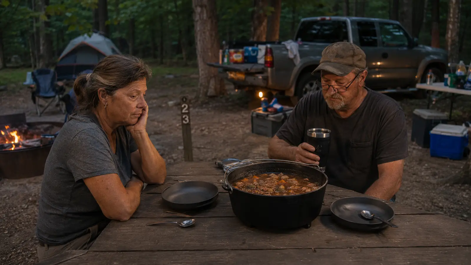 Large cast iron dutch oven sitting mostly full of stew next to two empty bowls at a campsite table
