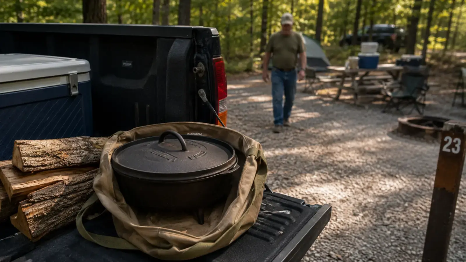Cast iron dutch oven loaded into the bed of a pickup truck next to firewood and a cooler