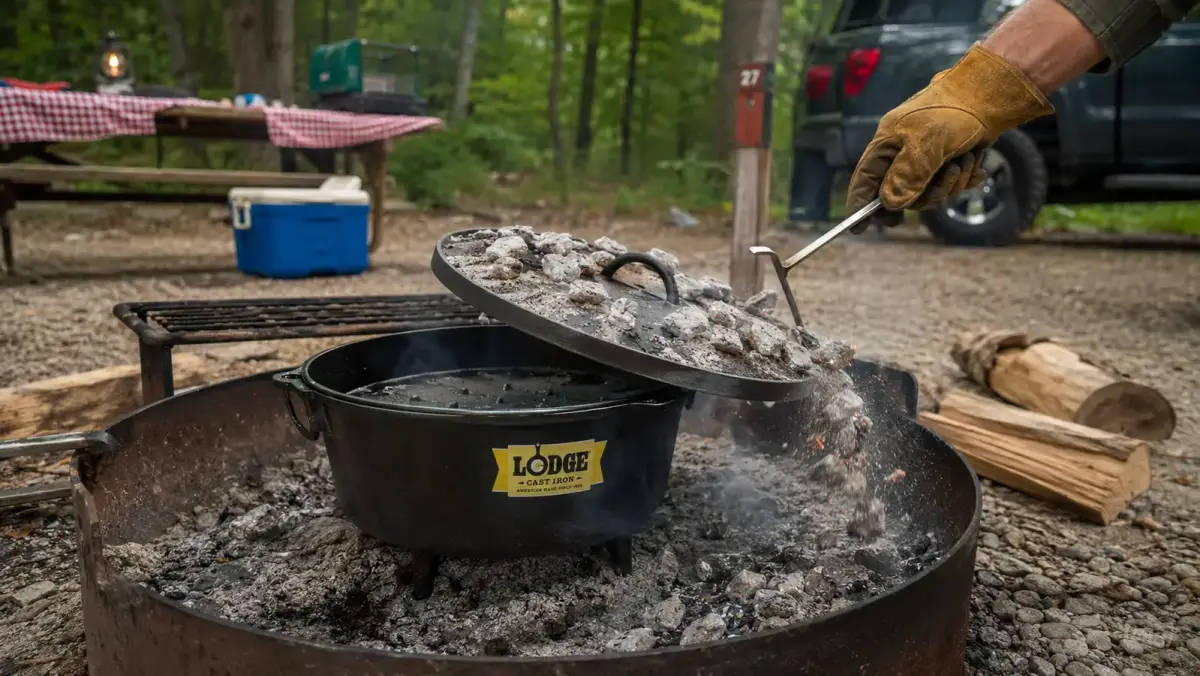 A gloved hand lifting the lid off a cast iron camp dutch oven with a lid lifter, coals scattered on top of the lid
