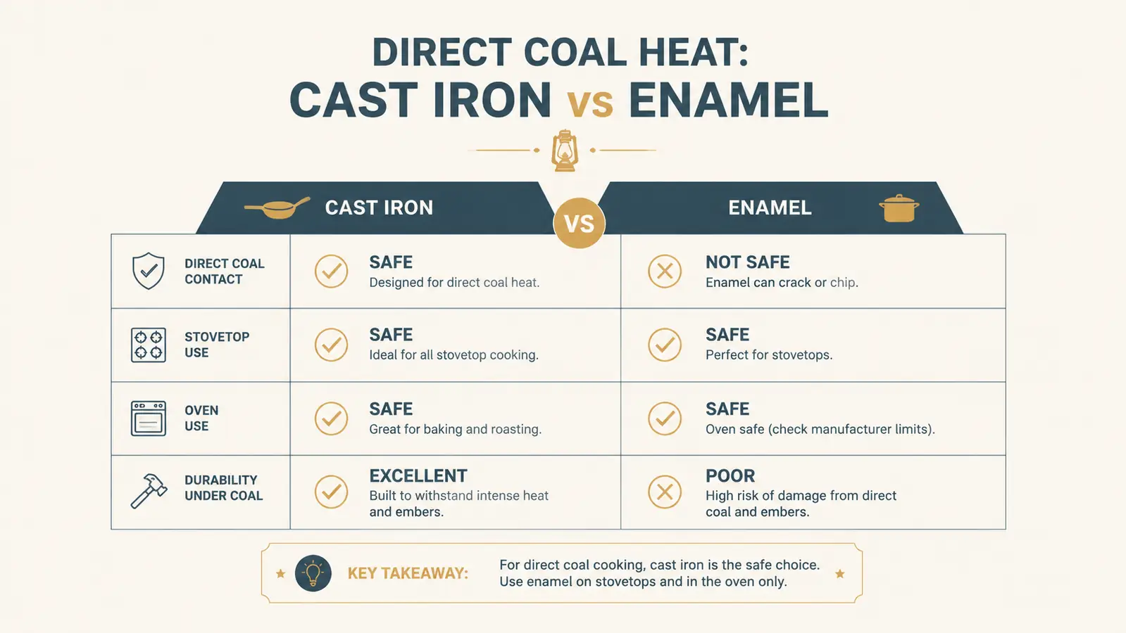 Chart comparing how a bare cast iron dutch oven and an enameled dutch oven each handle direct campfire coals