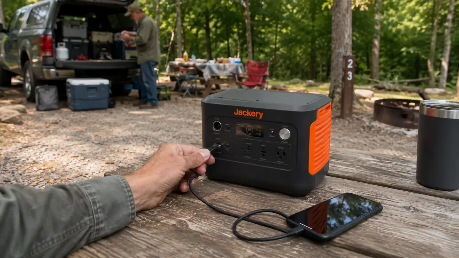 Close-up of a hand plugging a phone into the USB-C port of a portable power station at a campsite
