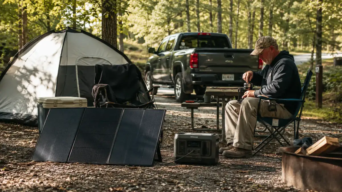Portable power station charging from a folding solar panel set up beside a tent at a campground site