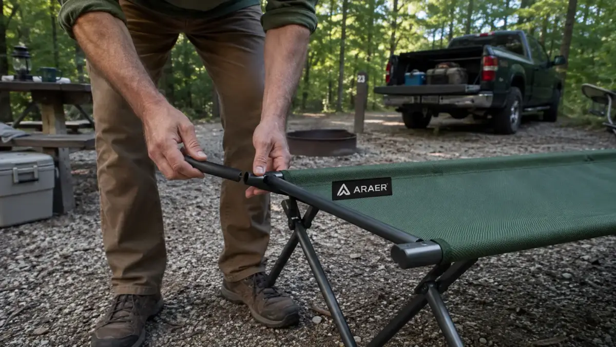Close-up of hands guiding the final crossbar of a folding camping cot into its bracket