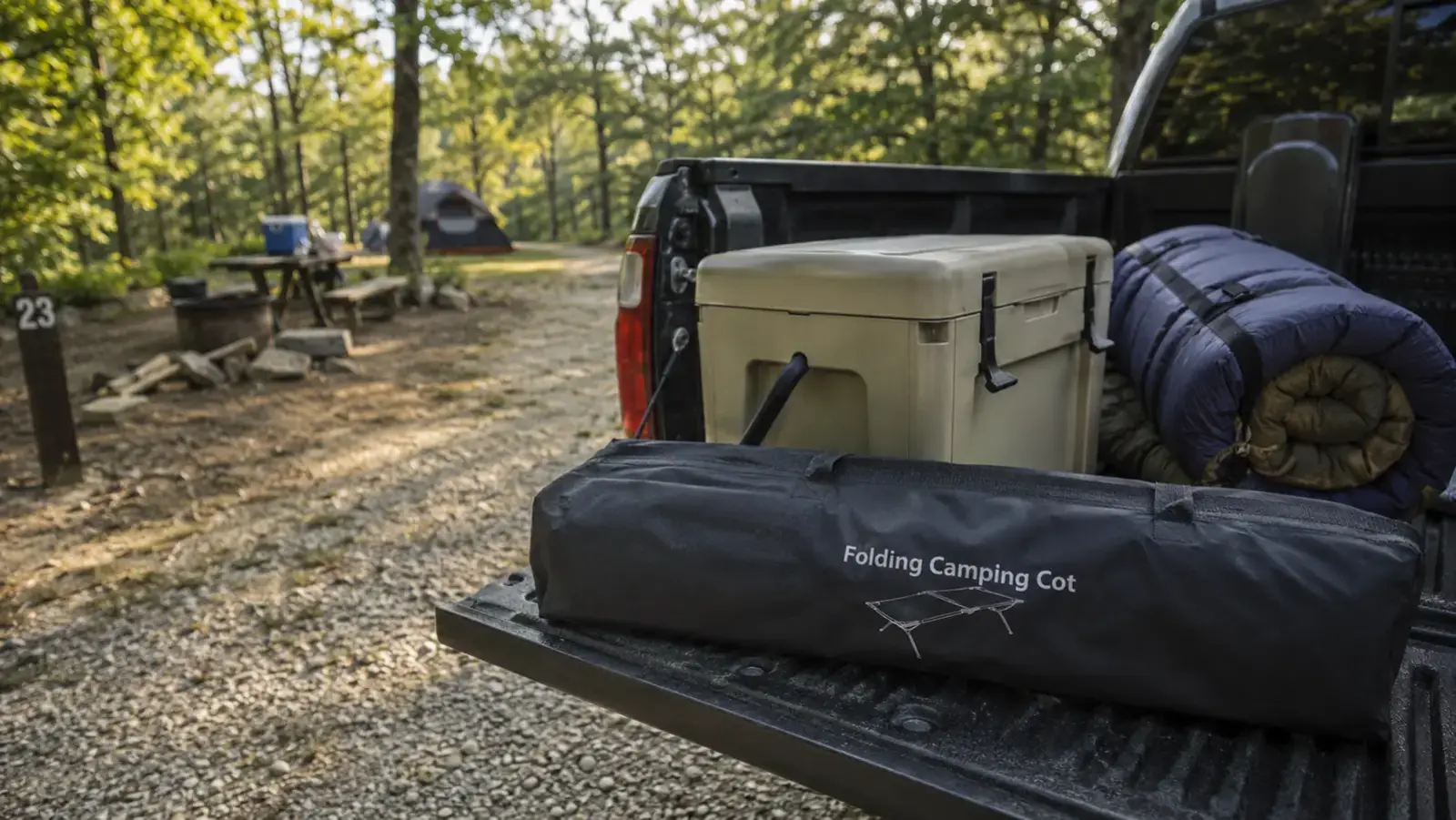 Folded camping cot in its carry bag packed into the bed of a pickup truck