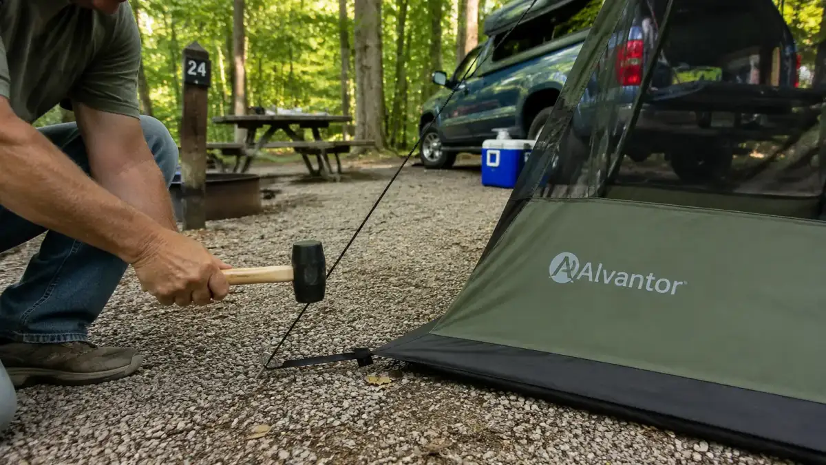 Hands driving a stake at an angle into the ground next to the corner of a screen house canopy
