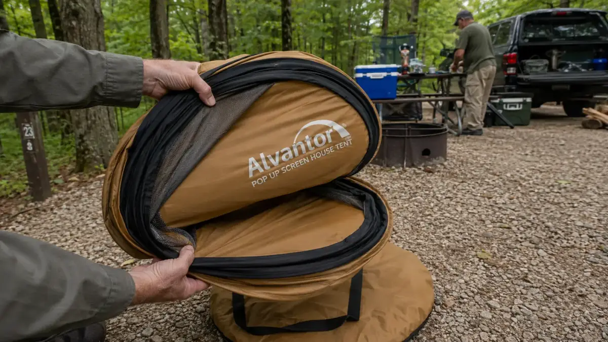 Hands twisting a pop up screen house frame into a figure eight shape before folding it into its round carry bag