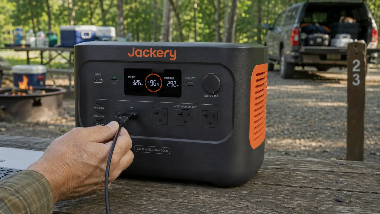 Close-up of the Jackery Explorer 300 display screen showing watts in and watts out while charging a laptop