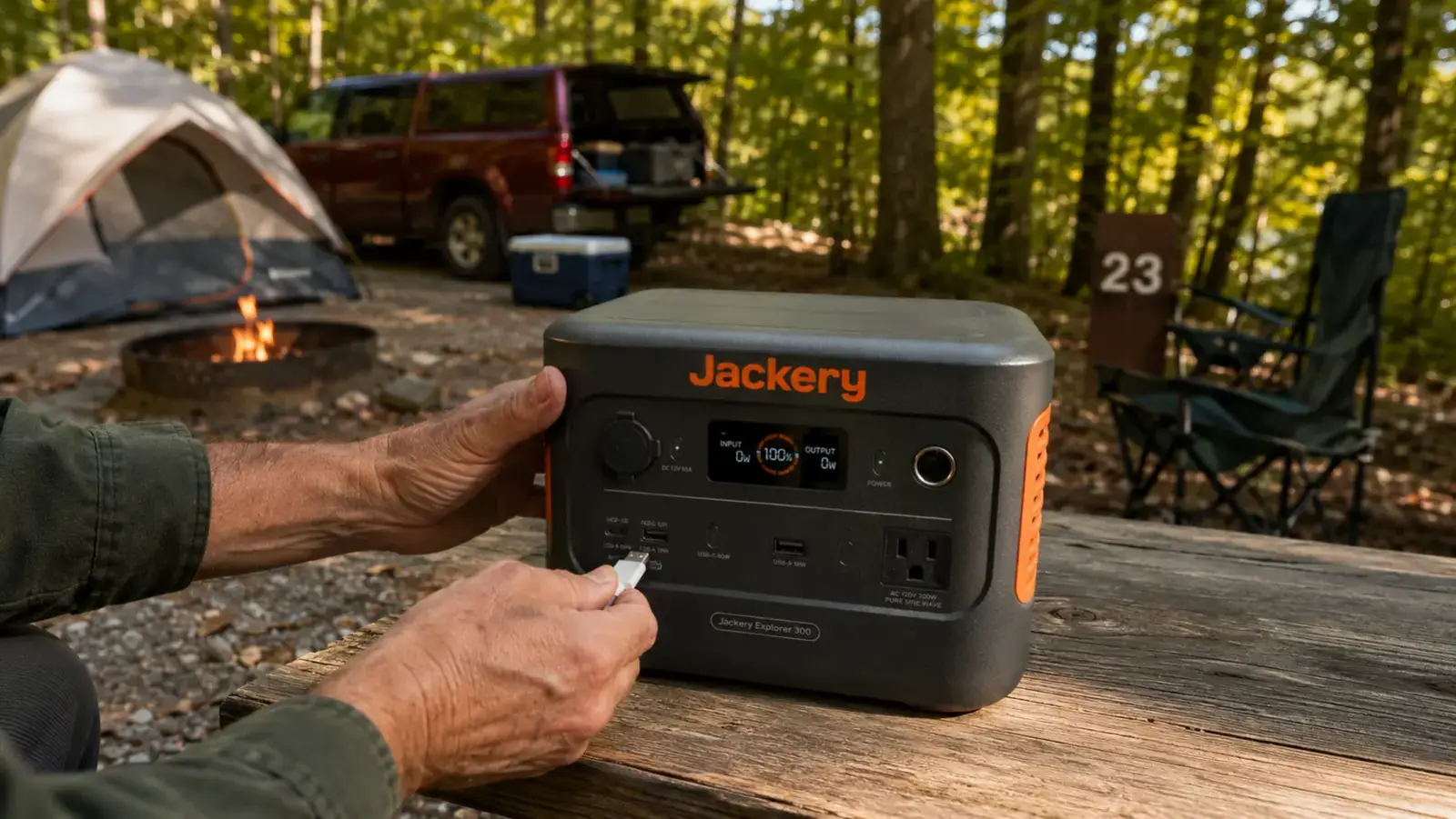 Hand plugging a phone charging cable into the front panel of the Jackery Explorer 300 power station