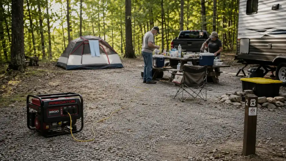 Wide shot of a gas generator running outside a camper at a distance from the tent, never inside