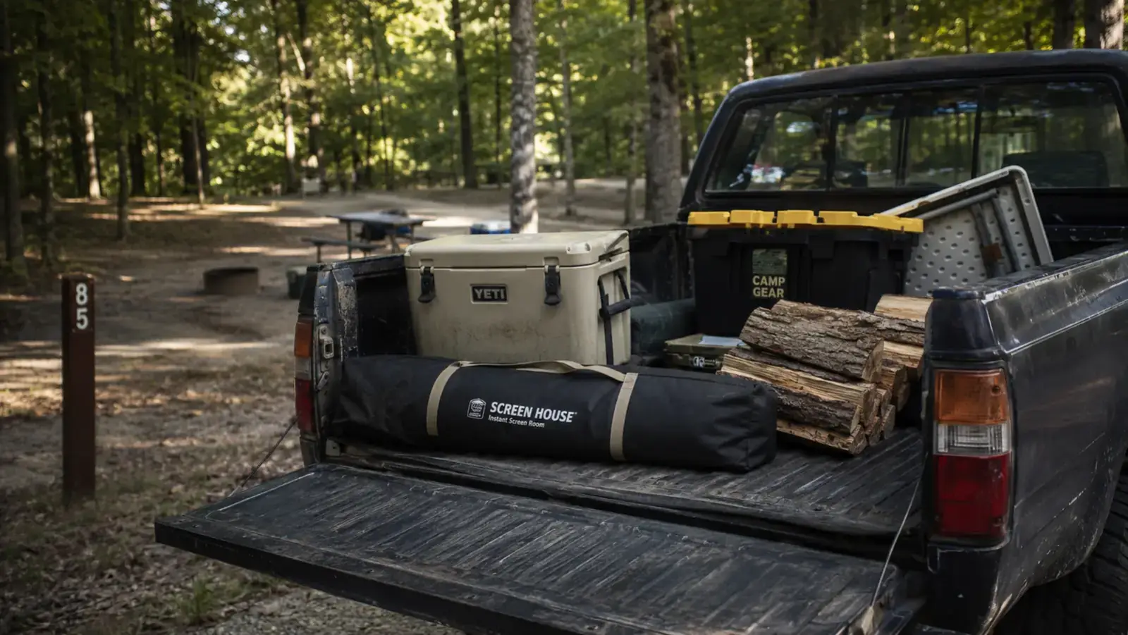 A folded screen house canopy bag loaded into the bed of a pickup truck beside stacked firewood bundles