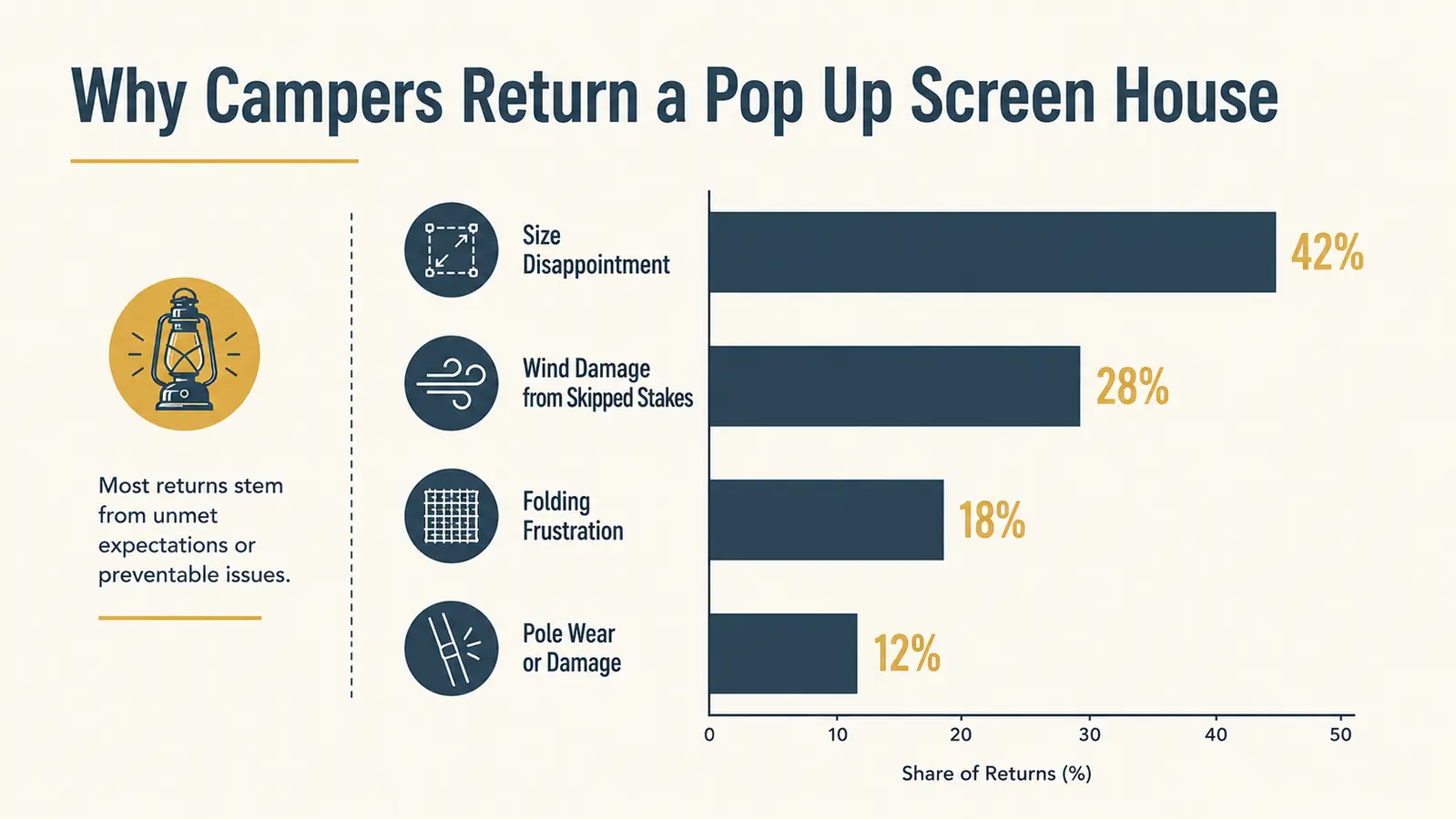 Chart showing the most common reasons campers return a pop up screen house canopy