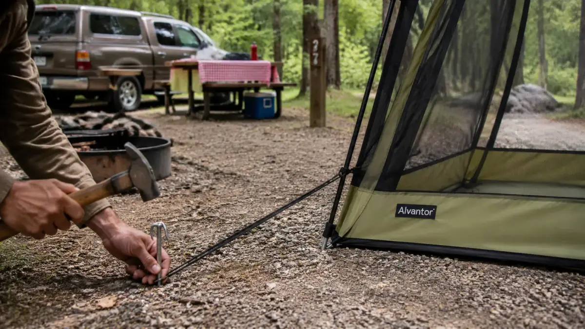 Close-up of a camper driving a stake into the ground at the corner of the screen house frame with a guy line attached